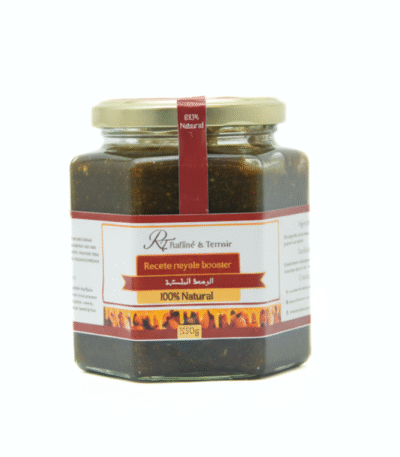 Recette Royale Booster – 100% Naturel (330g) Un mélange naturel riche inspiré des recettes traditionnelles de la ruche. Cette recette royale combine des ingrédients naturels soigneusement sélectionnés pour apporter énergie, vitalité et bien-être au quotidien. Idéale pour renforcer l’organisme, améliorer la forme physique et soutenir l’immunité.