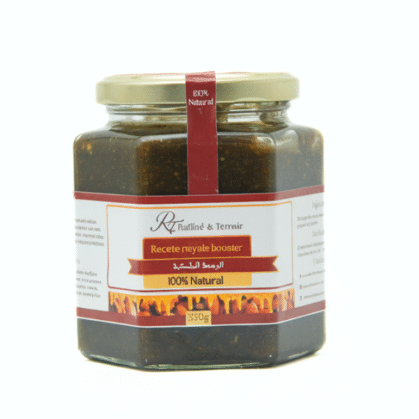 Recette Royale Booster – 100% Naturel (330g) Un mélange naturel riche inspiré des recettes traditionnelles de la ruche. Cette recette royale combine des ingrédients naturels soigneusement sélectionnés pour apporter énergie, vitalité et bien-être au quotidien. Idéale pour renforcer l’organisme, améliorer la forme physique et soutenir l’immunité.