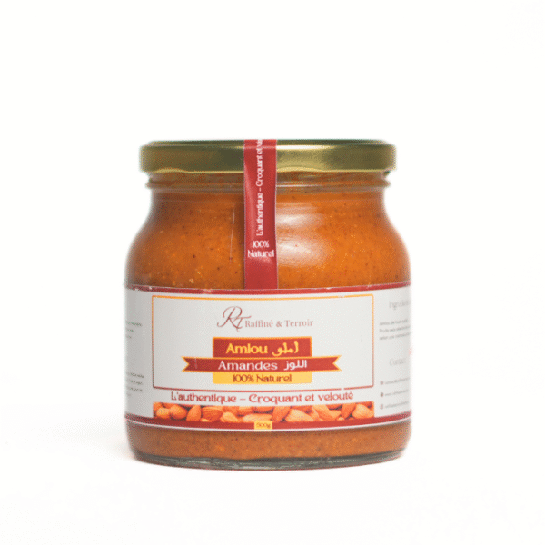 Amlou aux Amandes – Spécialité Marocaine Naturelle L’Amlou aux Amandes est une délicieuse pâte traditionnelle marocaine préparée à base d’amandes grillées, miel naturel et huile d’argan. Un mélange riche et gourmand, idéal pour le petit-déjeuner ou les collations.