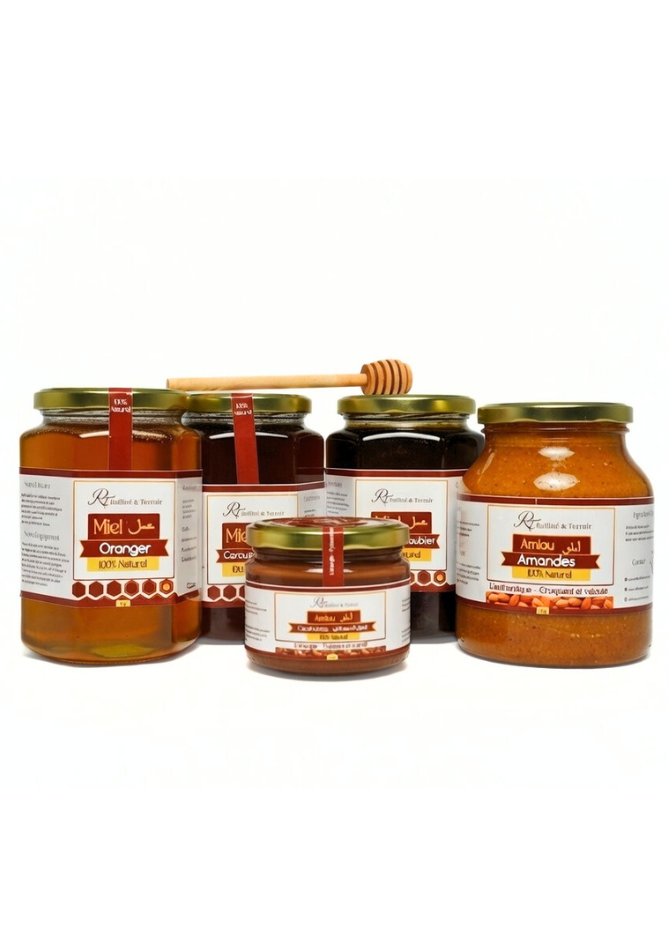 Pack Spécial Lancement + Cadeaux Offerts (6x500g + Cuillère) Un coffret exclusif regroupant les meilleurs miels naturels et Amlou aux amandes, avec des cadeaux OFFERTS : Amlou aux cacahuètes, miel d’orange et cuillère spéciale miel. Une offre limitée idéale pour découvrir toute la gamme à prix avantageux.