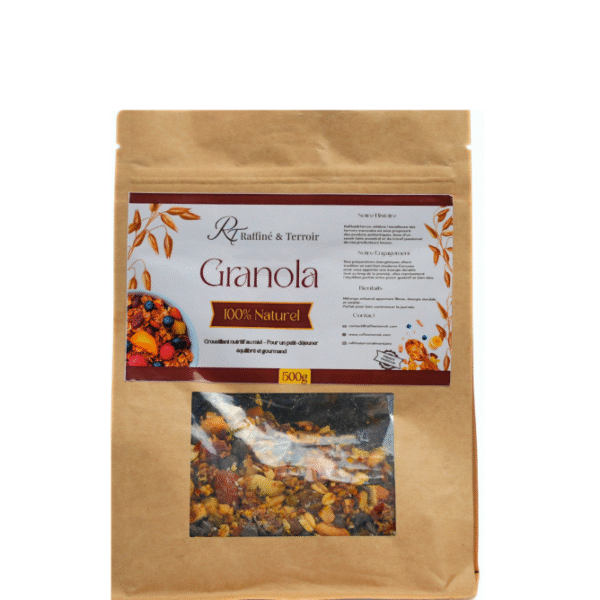 Granola Maison – 100% Naturel Le Granola Maison est un mélange croustillant et savoureux de céréales, fruits secs et ingrédients naturels soigneusement sélectionnés. Idéal pour un petit-déjeuner équilibré ou une collation saine et énergétique.