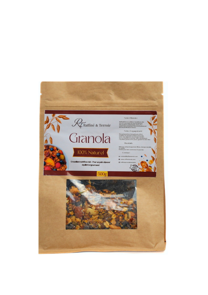 Granola Maison – 100% Naturel Le Granola Maison est un mélange croustillant et savoureux de céréales, fruits secs et ingrédients naturels soigneusement sélectionnés. Idéal pour un petit-déjeuner équilibré ou une collation saine et énergétique.